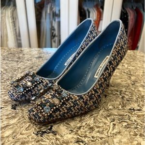 Blue Tweed Jewel Stone Manolo Blahnik